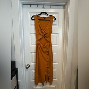 Lulu's Mustard Knot-Front Midi Dress